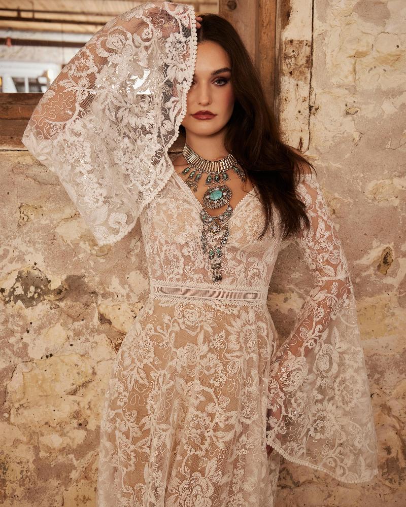 Lp2250 off the shoulder boho wedding dress with bell sleeves and a line silhouette4